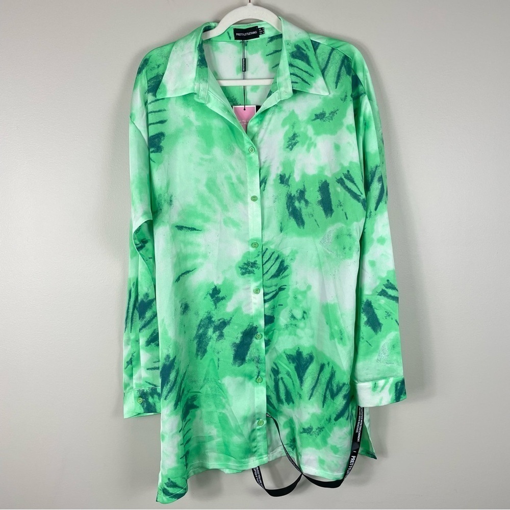 PrettyLittleThing Green Tie Dye Oversized Boyfriend Shirt Dress Womens 4 Boho